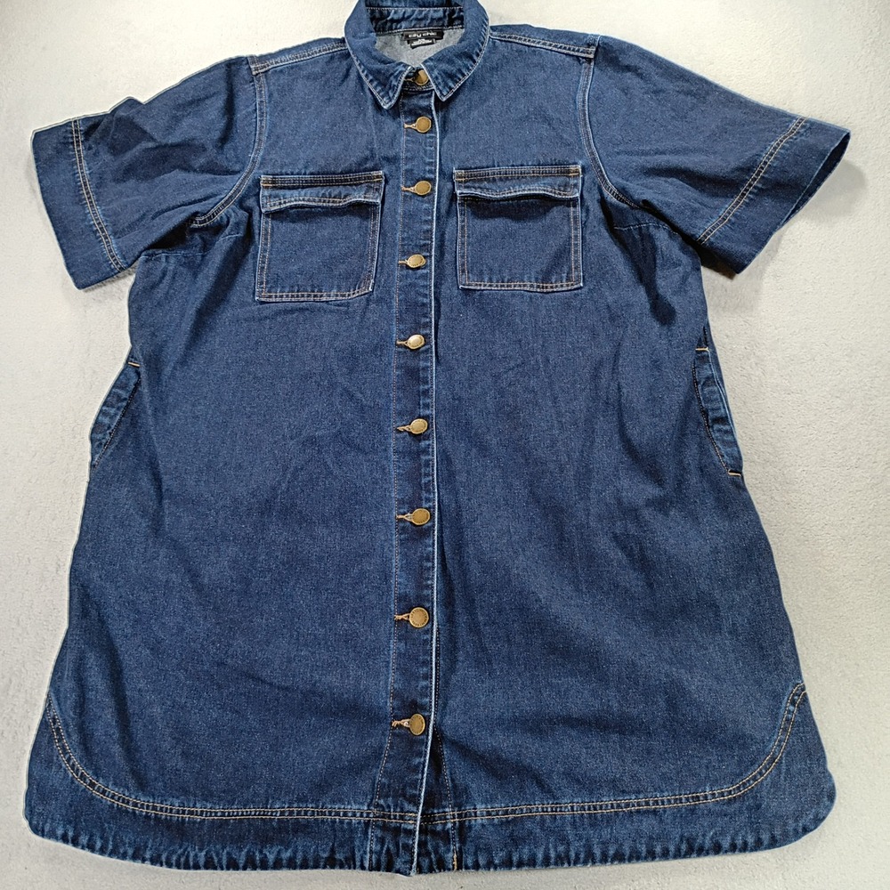 City Chic Womens Denim Shirt Dress Blue S/16 Short Sleeve Button Down Pocket